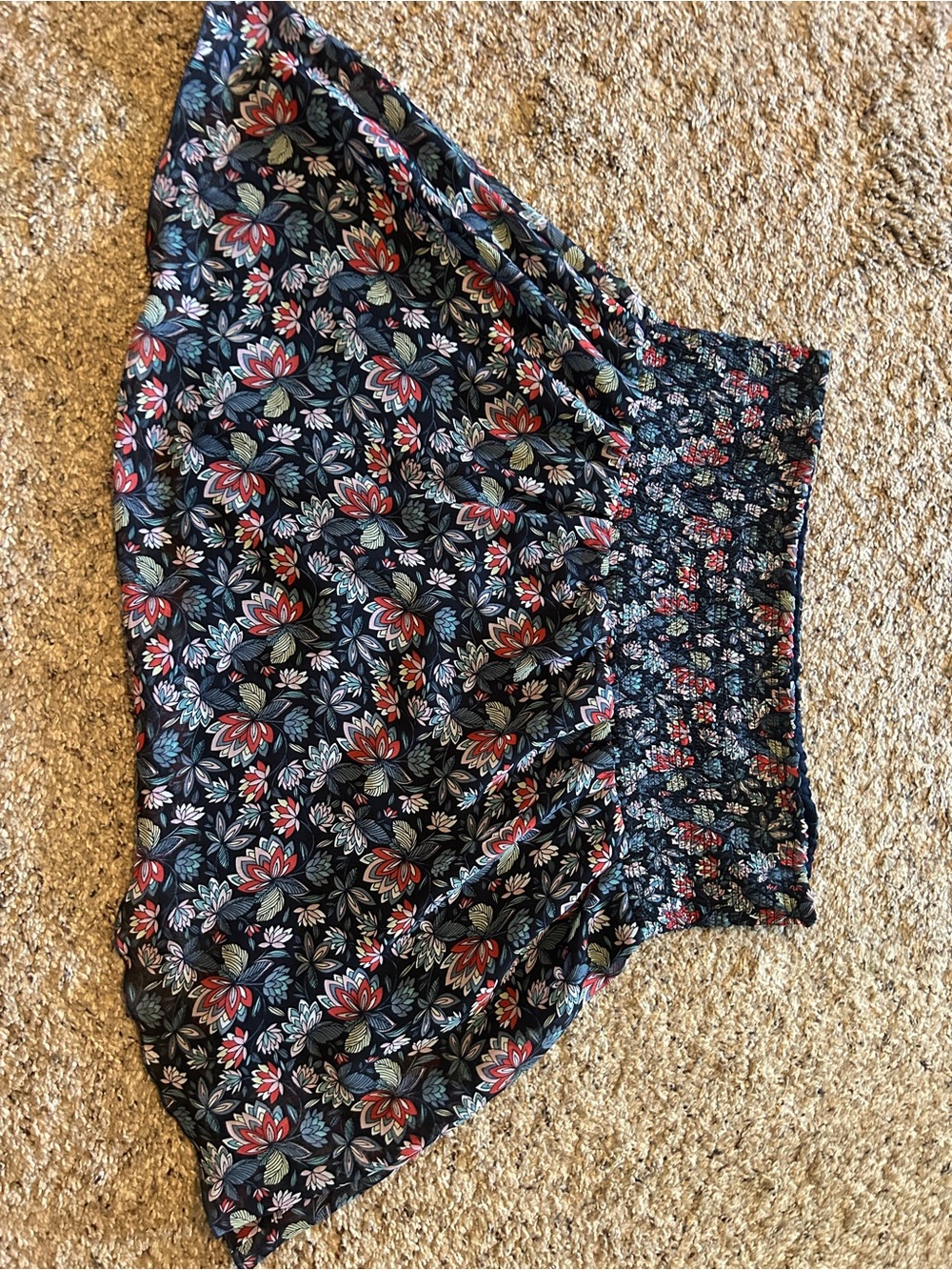 CAbi Navy Floral Smocked Skirt with Red & Teal Accents